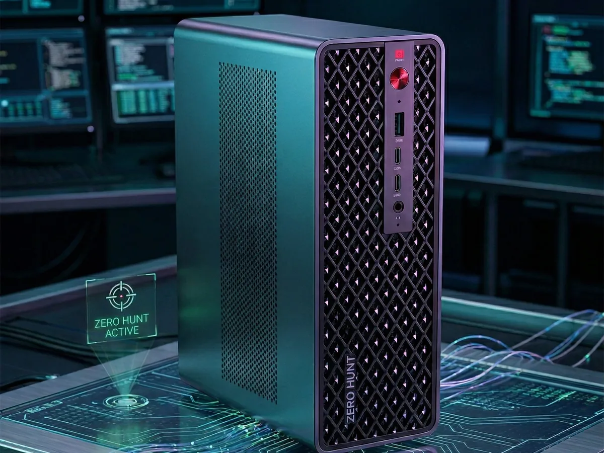 Appliance desktop Zero Hunt: un'unità tower compatta con il marchio Zero Hunt sulla griglia frontale, in una sala operativa di sicurezza