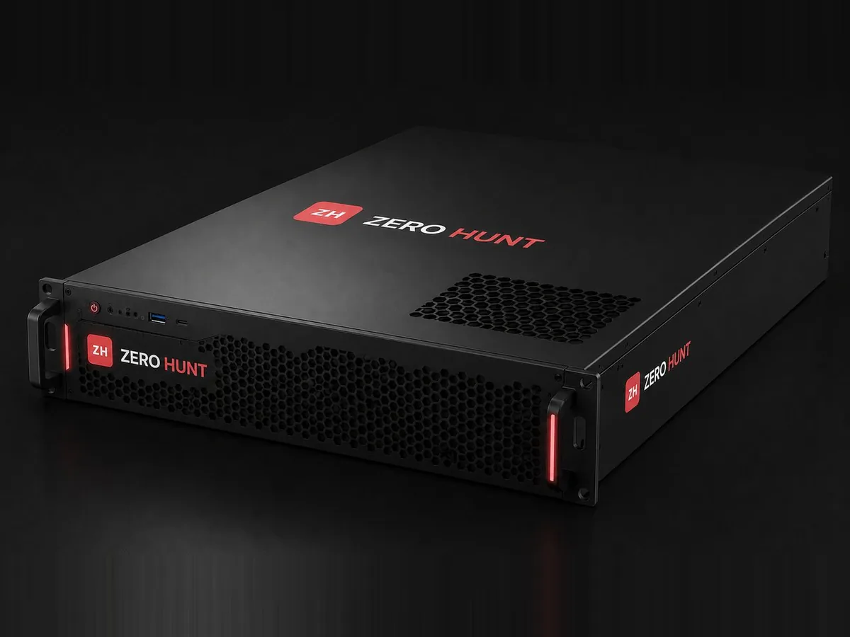 Appliance rack 2U Zero Hunt: server nero da rack con il logo Zero Hunt sul coperchio e sul frontale e maniglie illuminate di rosso